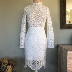 Hello Molly White Crochet Lace Long Sleeve High Neck Sheer Dress 10